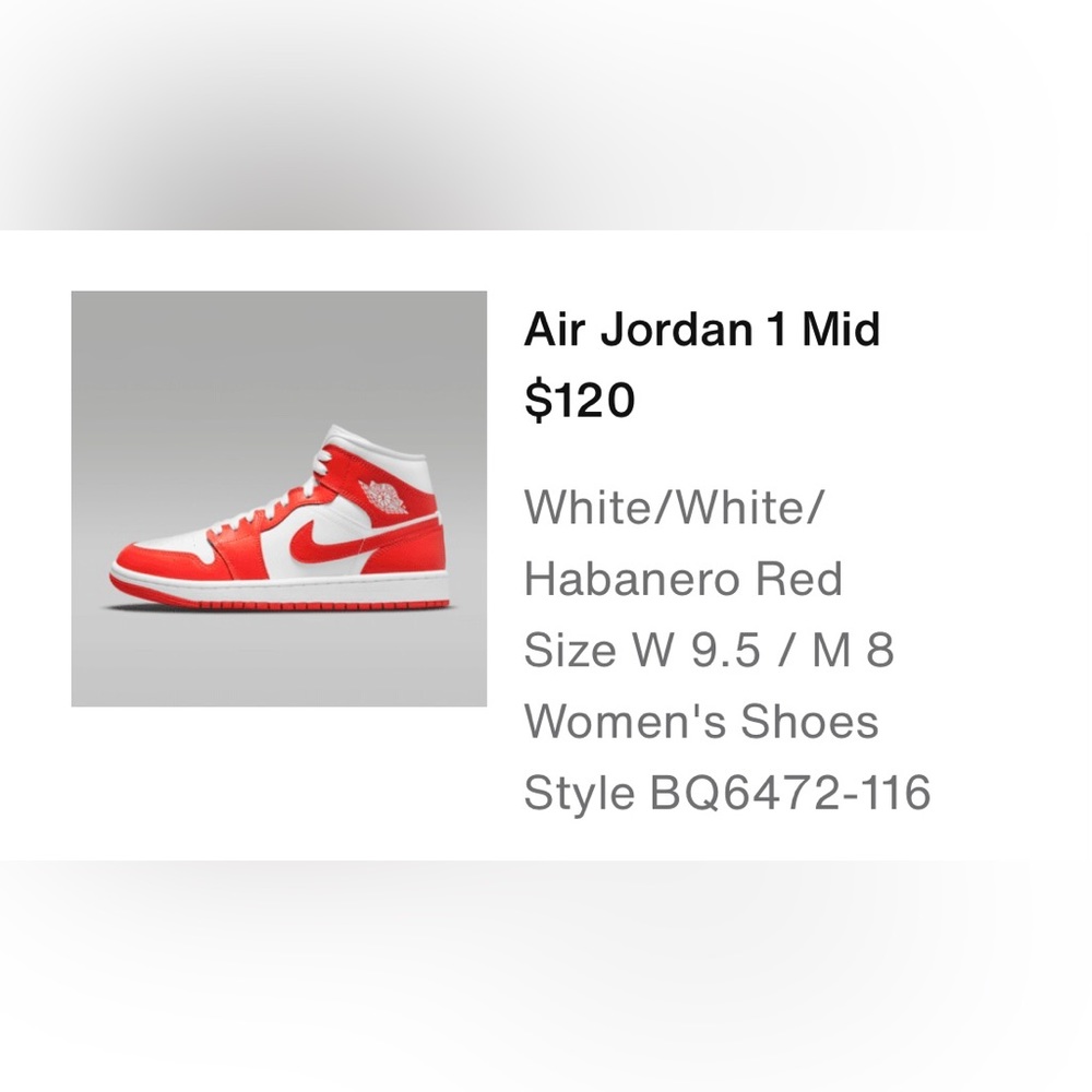 Air Jordan 1 mid habanero red, women’s size 9.5, good condition.